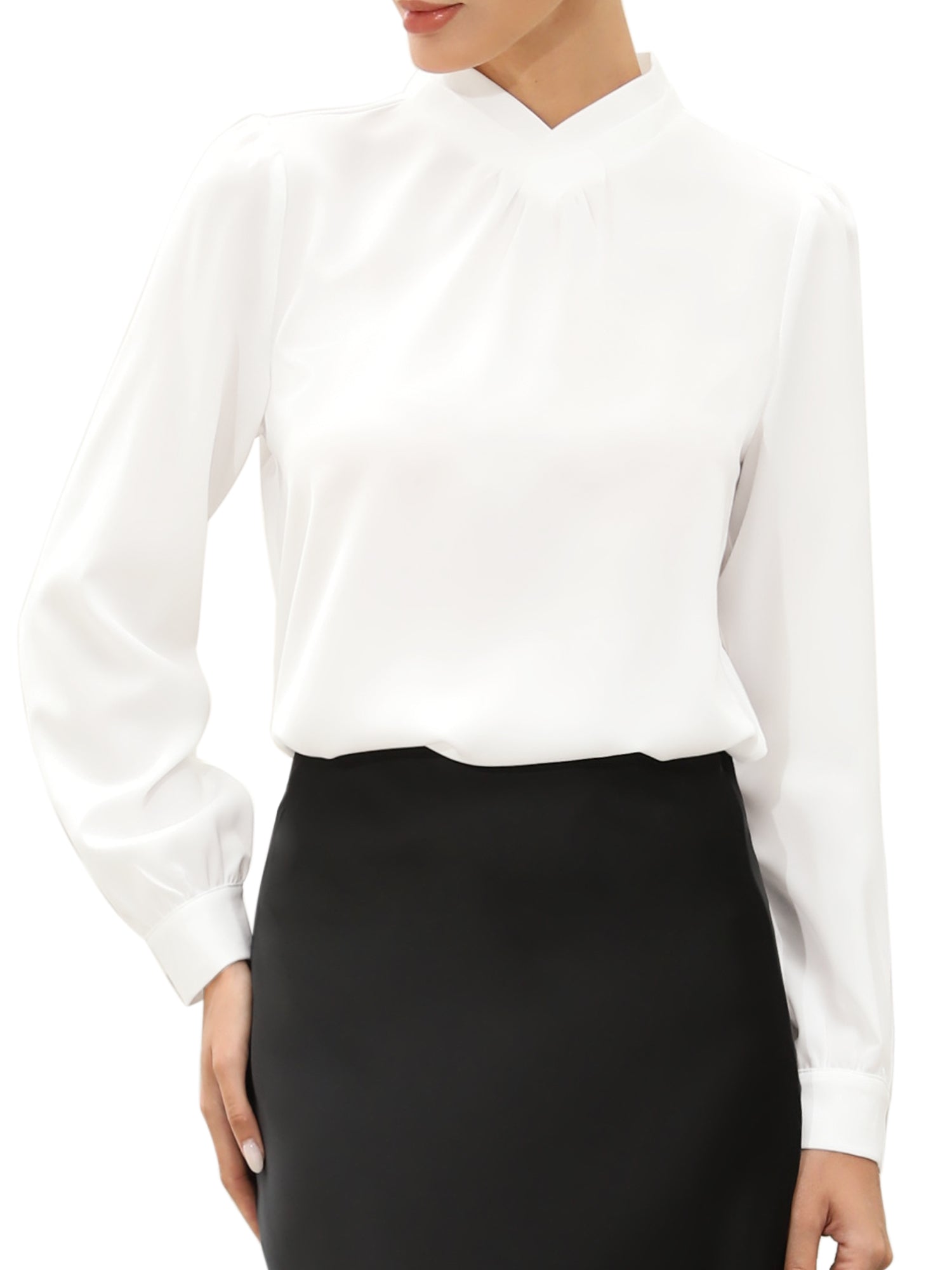 Work Business Casual Pleat Mock Neck Puff Long Sleeve Office Blouse