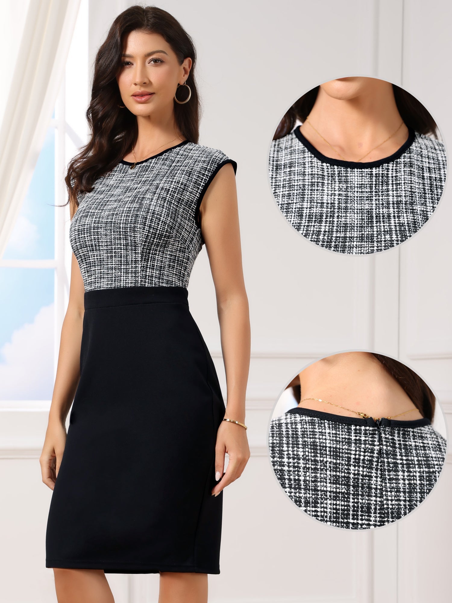 Work Tweed Crew Neck Sleeveless Patchwork Office Sheath Dress