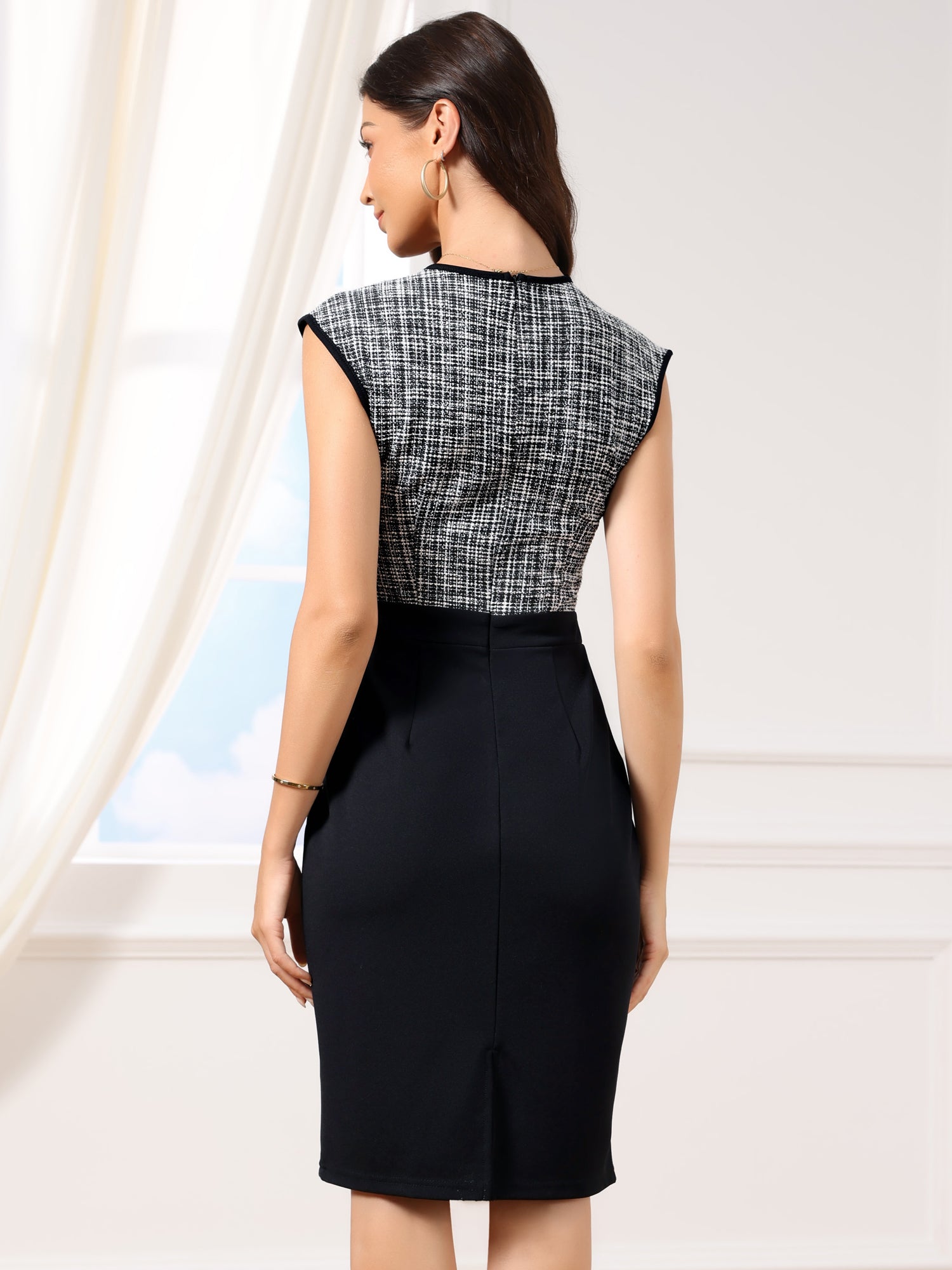 Work Tweed Crew Neck Sleeveless Patchwork Office Sheath Dress