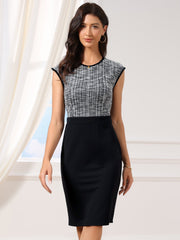 Work Tweed Crew Neck Sleeveless Patchwork Office Sheath Dress