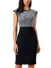 Work Tweed Crew Neck Sleeveless Patchwork Office Sheath Dress