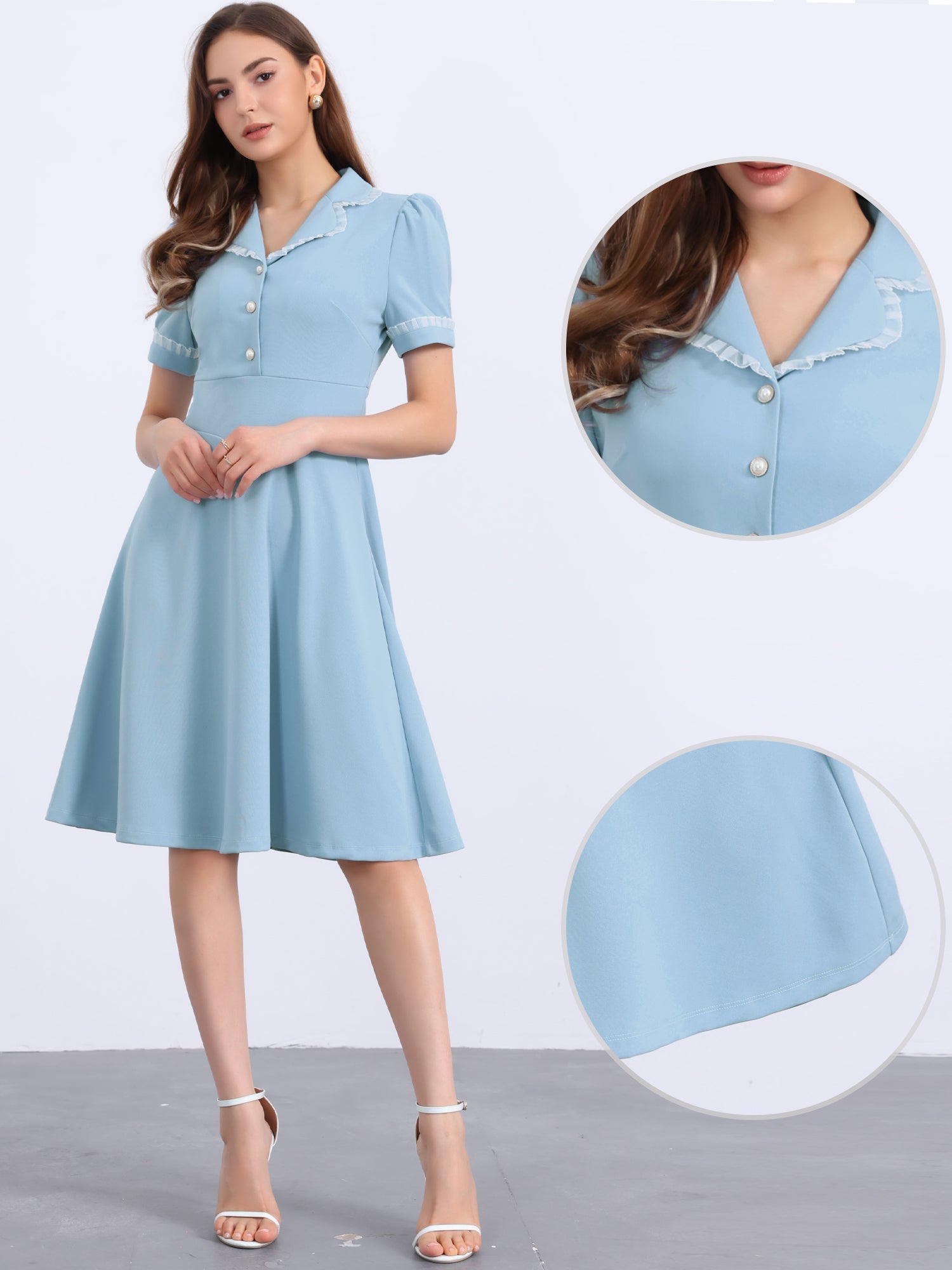 Work Lace Notched Collar Vintage 1950s Short Sleeve Midi Shirt Dress