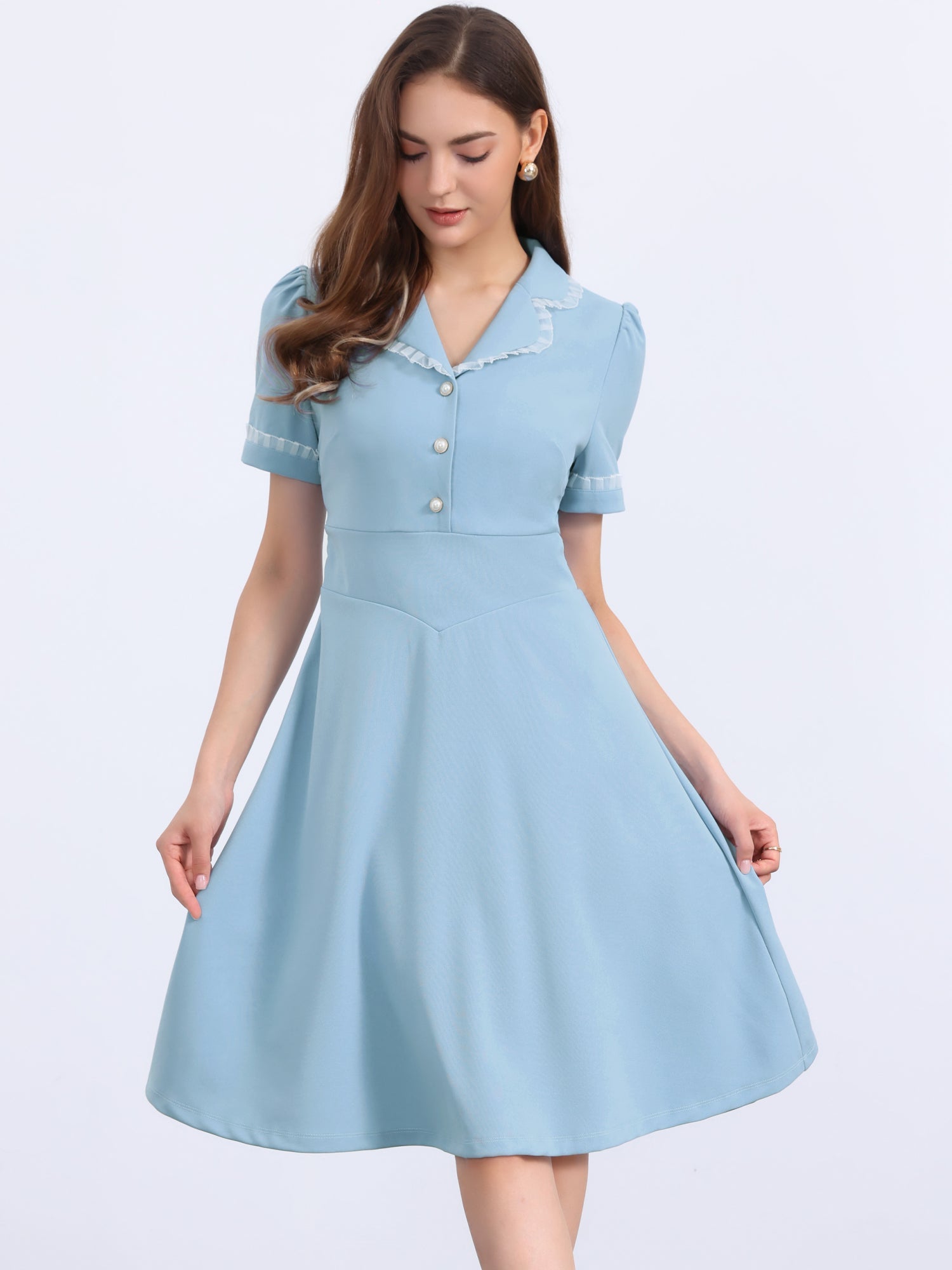 Work Lace Notched Collar Vintage 1950s Short Sleeve Midi Shirt Dress