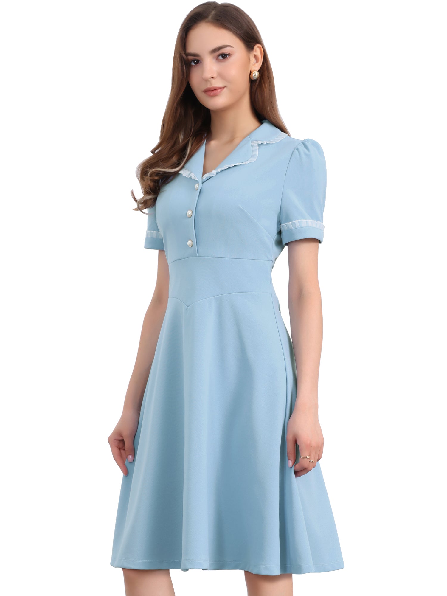 Work Lace Notched Collar Vintage 1950s Short Sleeve Midi Shirt Dress