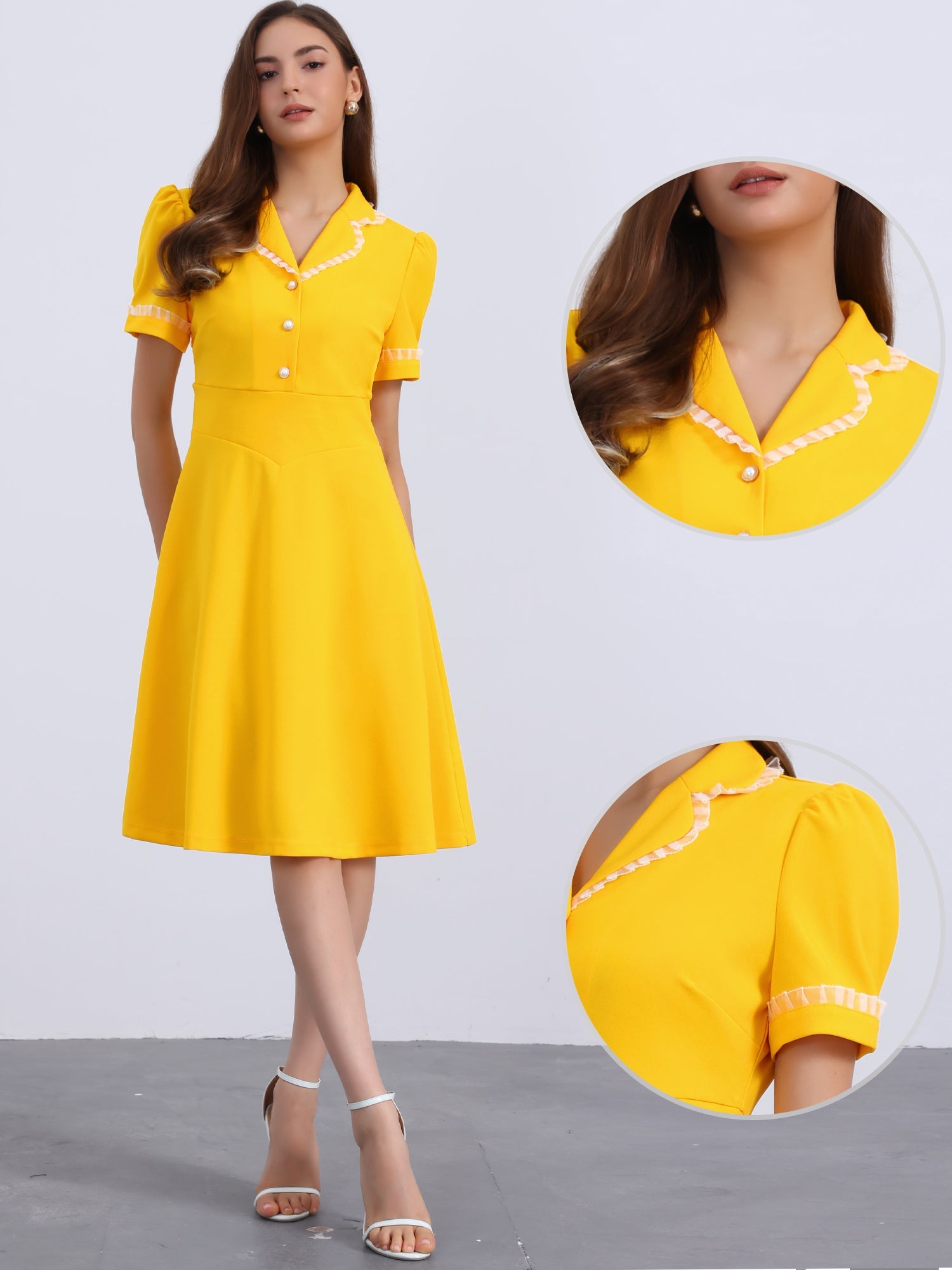 Work Lace Notched Collar Vintage 1950s Short Sleeve Midi Shirt Dress