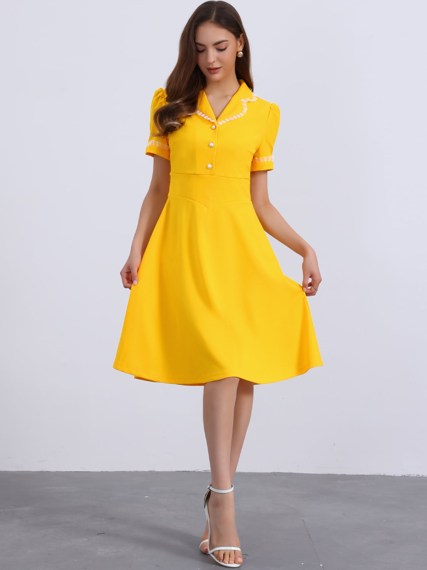 Work Lace Notched Collar Vintage 1950s Short Sleeve Midi Shirt Dress