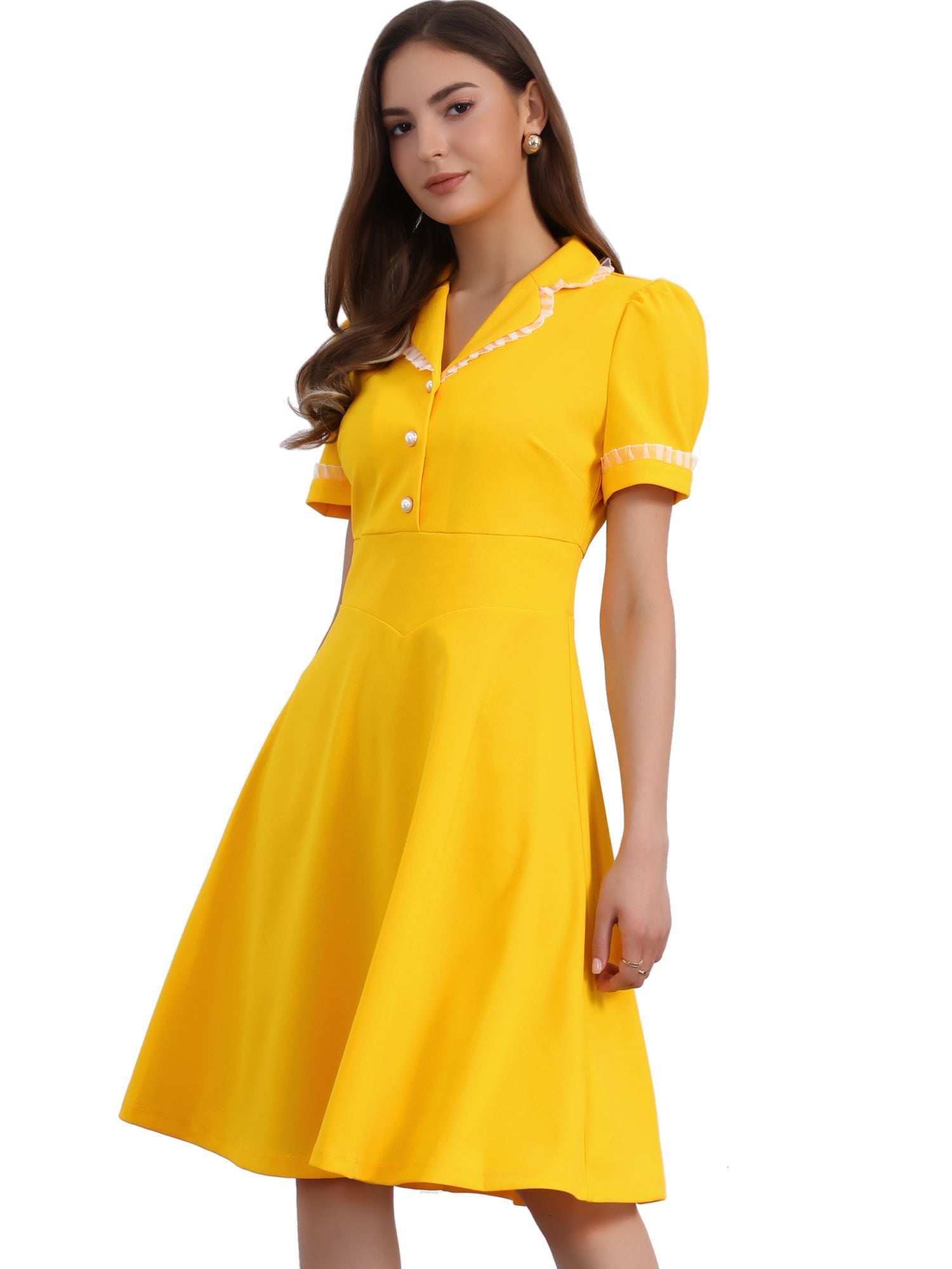 Work Lace Notched Collar Vintage 1950s Short Sleeve Midi Shirt Dress