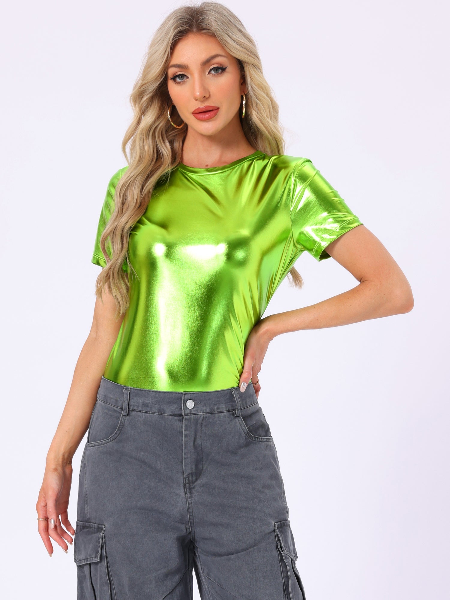 Glitter Metallic Short Sleeve Shiny Multicolor Blouse