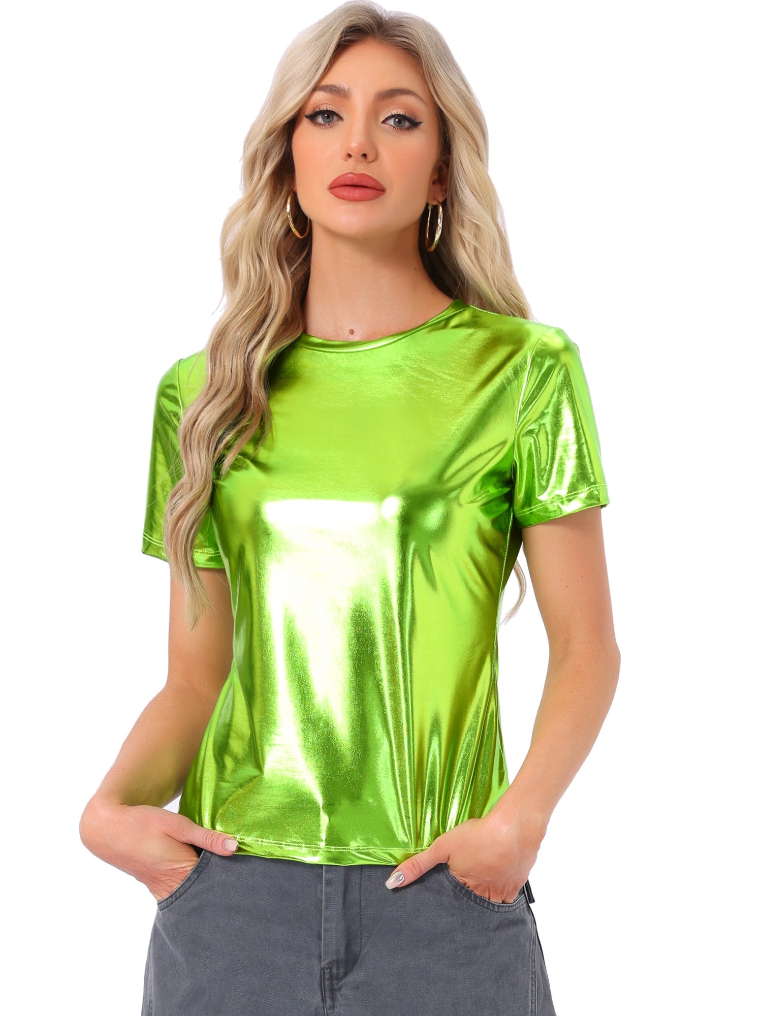 Glitter Metallic Short Sleeve Shiny Multicolor Blouse