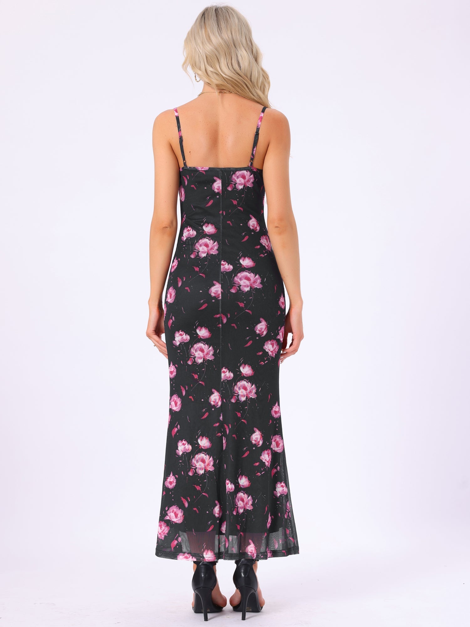 Spaghetti Strap Mesh Floral Sleeveless Bodycon Cocktail Maxi Dress Sundress