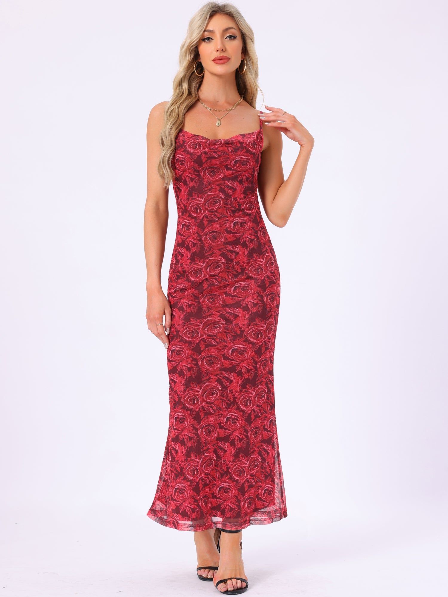 Spaghetti Strap Mesh Floral Sleeveless Bodycon Cocktail Maxi Dress Sundress