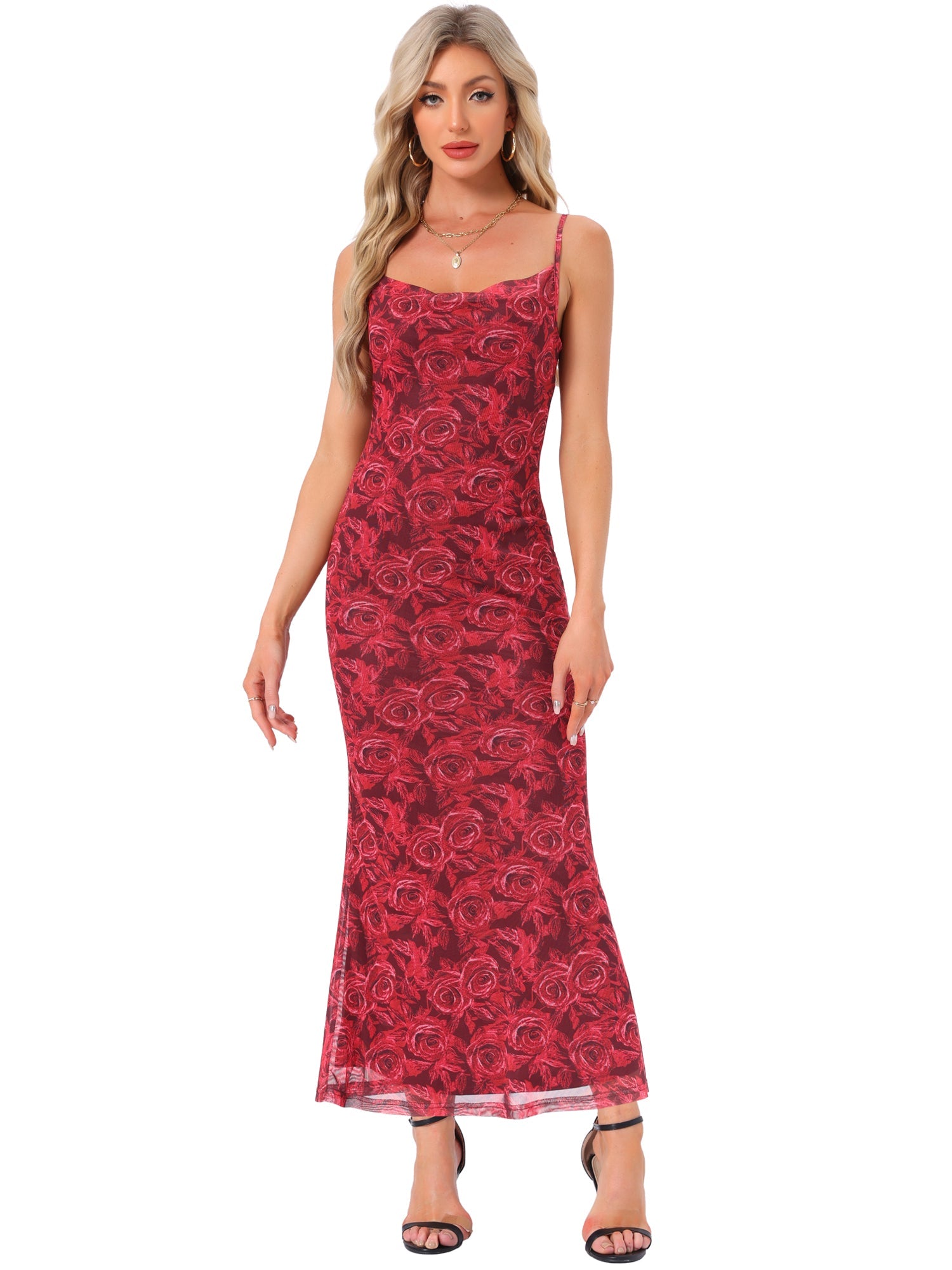 Spaghetti Strap Mesh Floral Sleeveless Bodycon Cocktail Maxi Dress Sundress