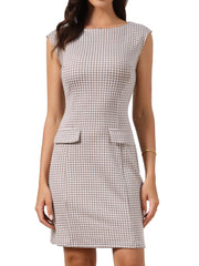 Sleeveless Boat Neck Vintage Houndstooth Work Dress
