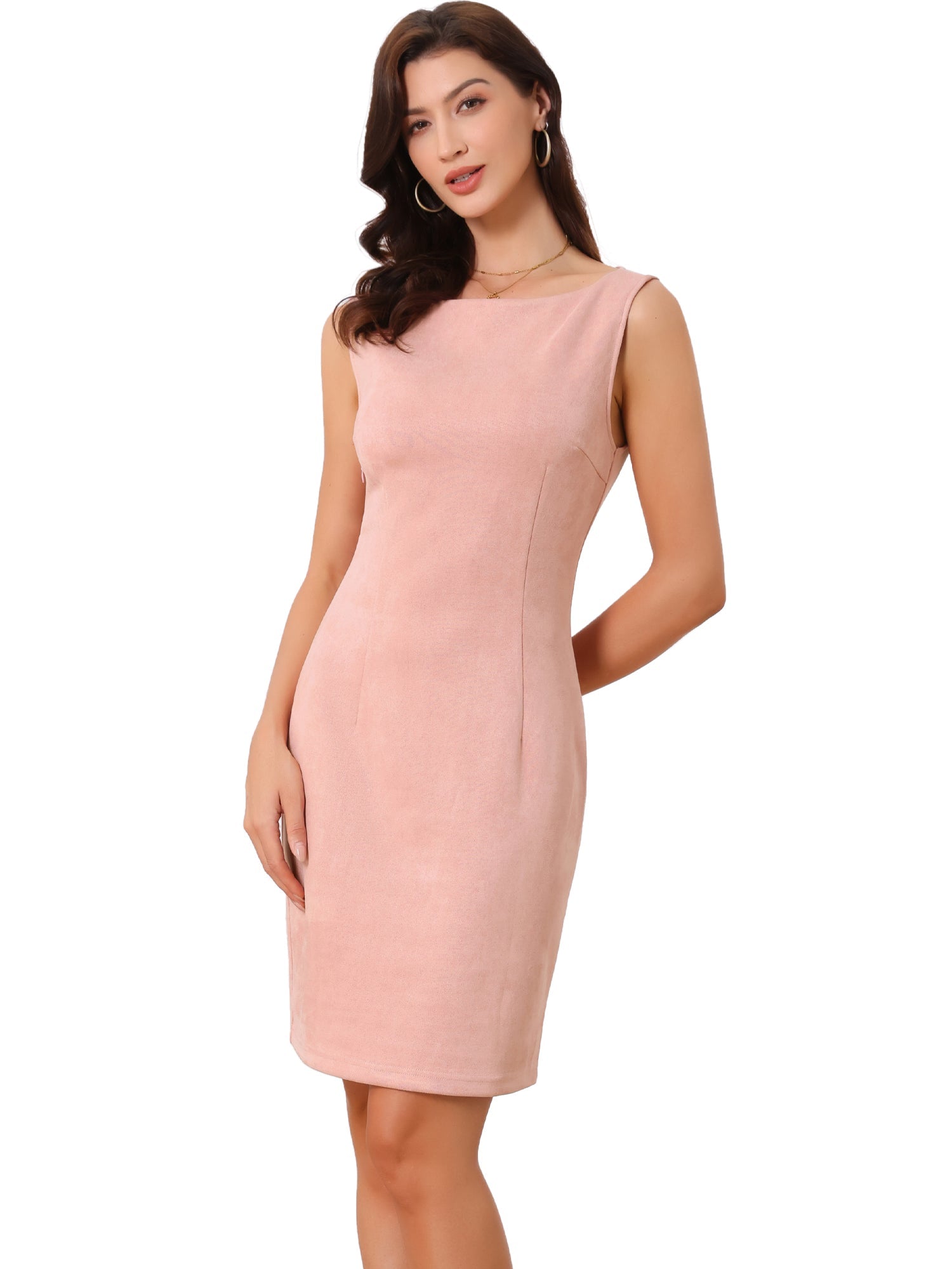 Faux Suede Boat Neck Sleeveless Sheath Midi Dress