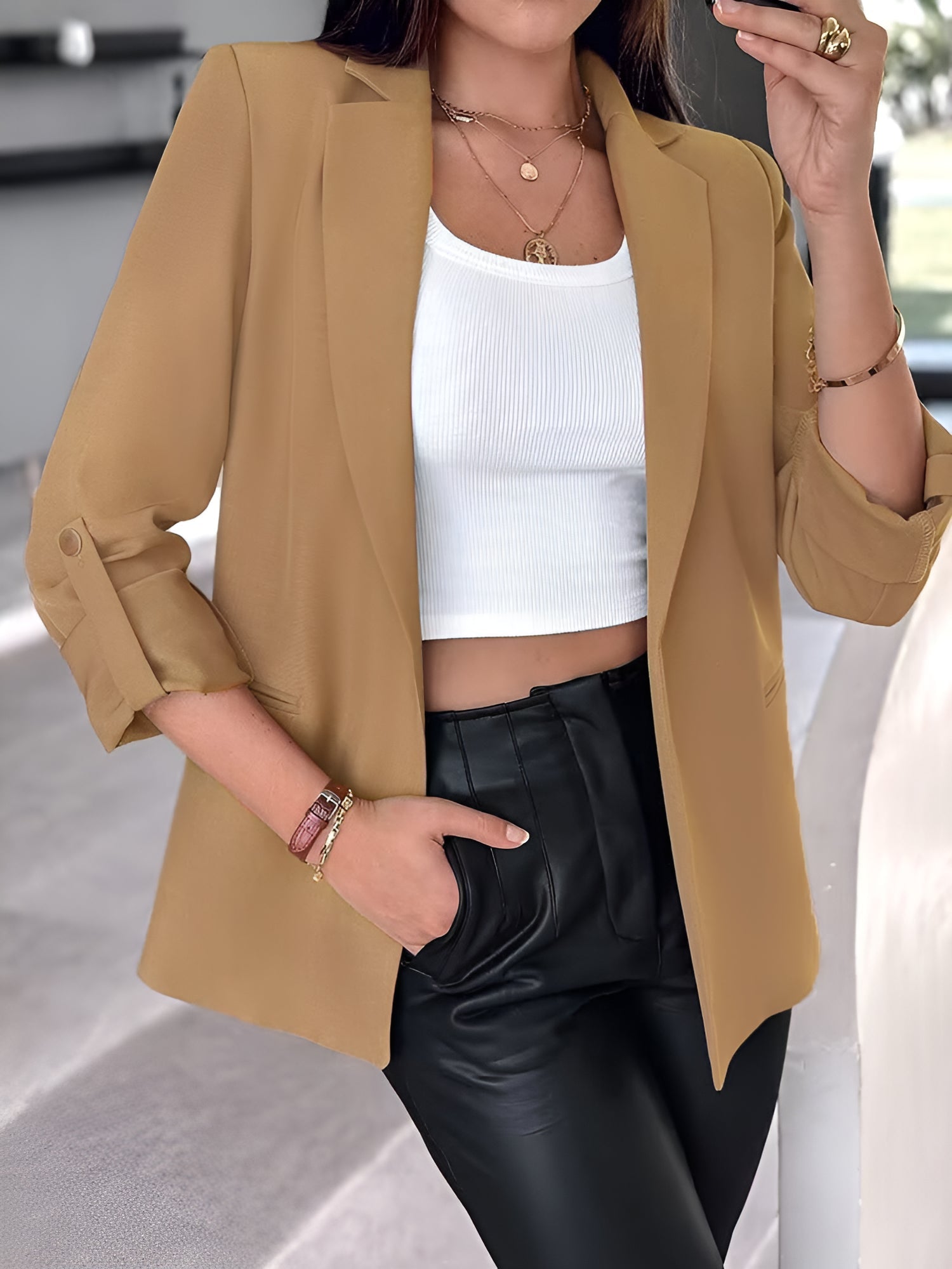 Notched Lapel Solid Color Rolled Sleeves Blazer