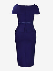 Square Neck Cap Sleeve Belted Work Midi Sheath Dress
