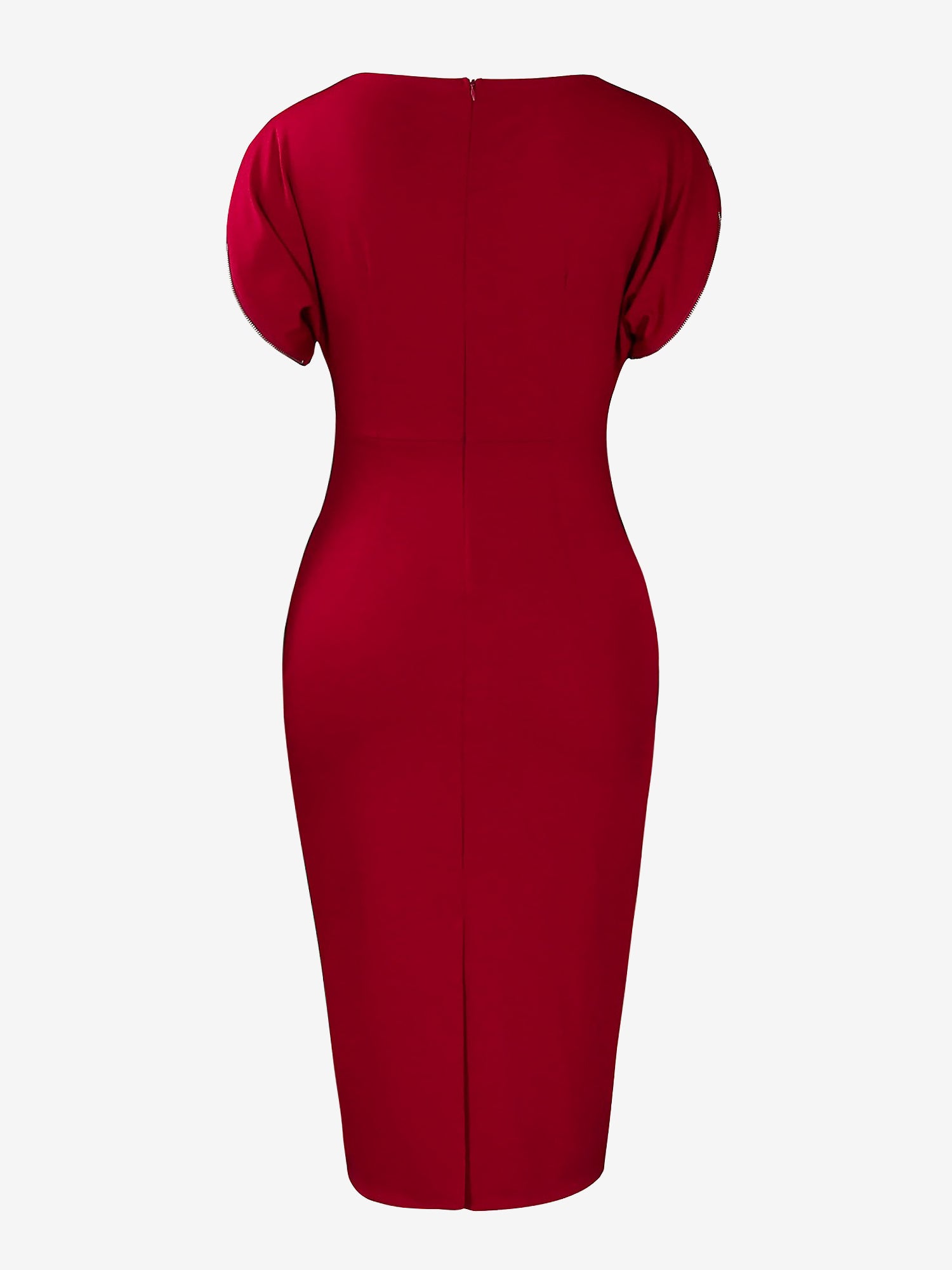 Zipper Short Sleeves Slit Midi Sheath Dress