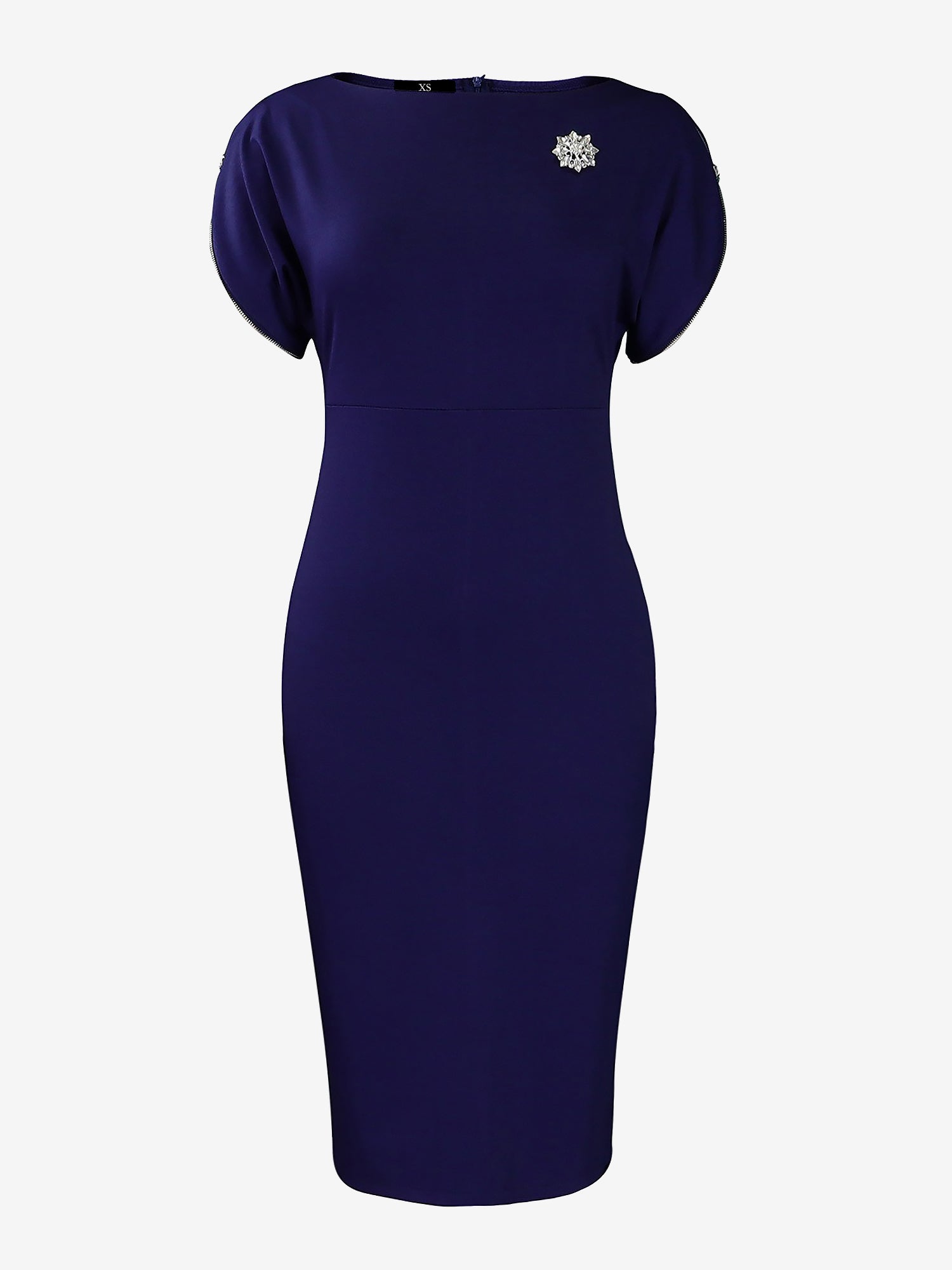 Zipper Short Sleeves Slit Midi Sheath Dress