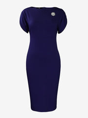 Zipper Short Sleeves Slit Midi Sheath Dress