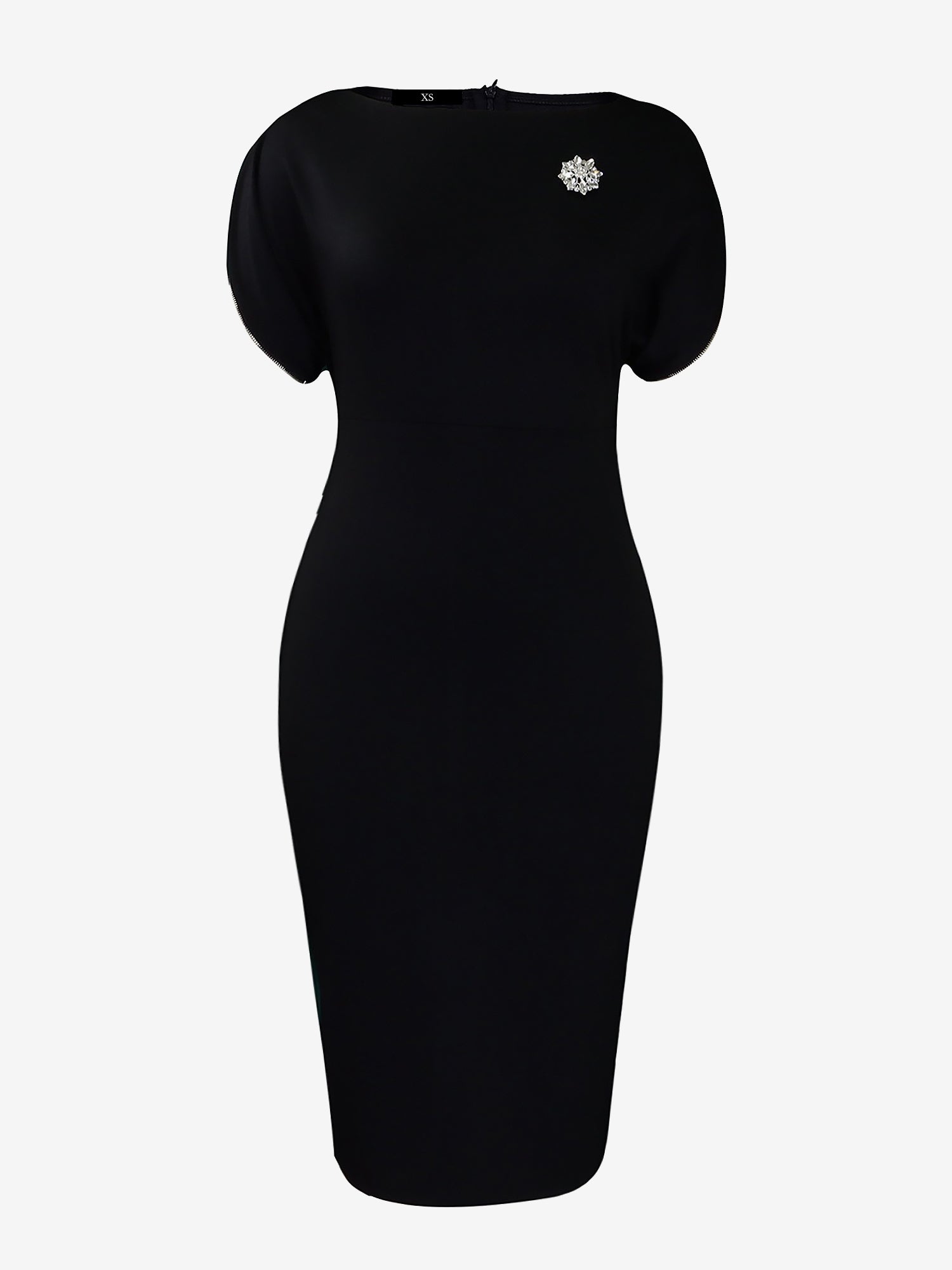 Zipper Short Sleeves Slit Midi Sheath Dress