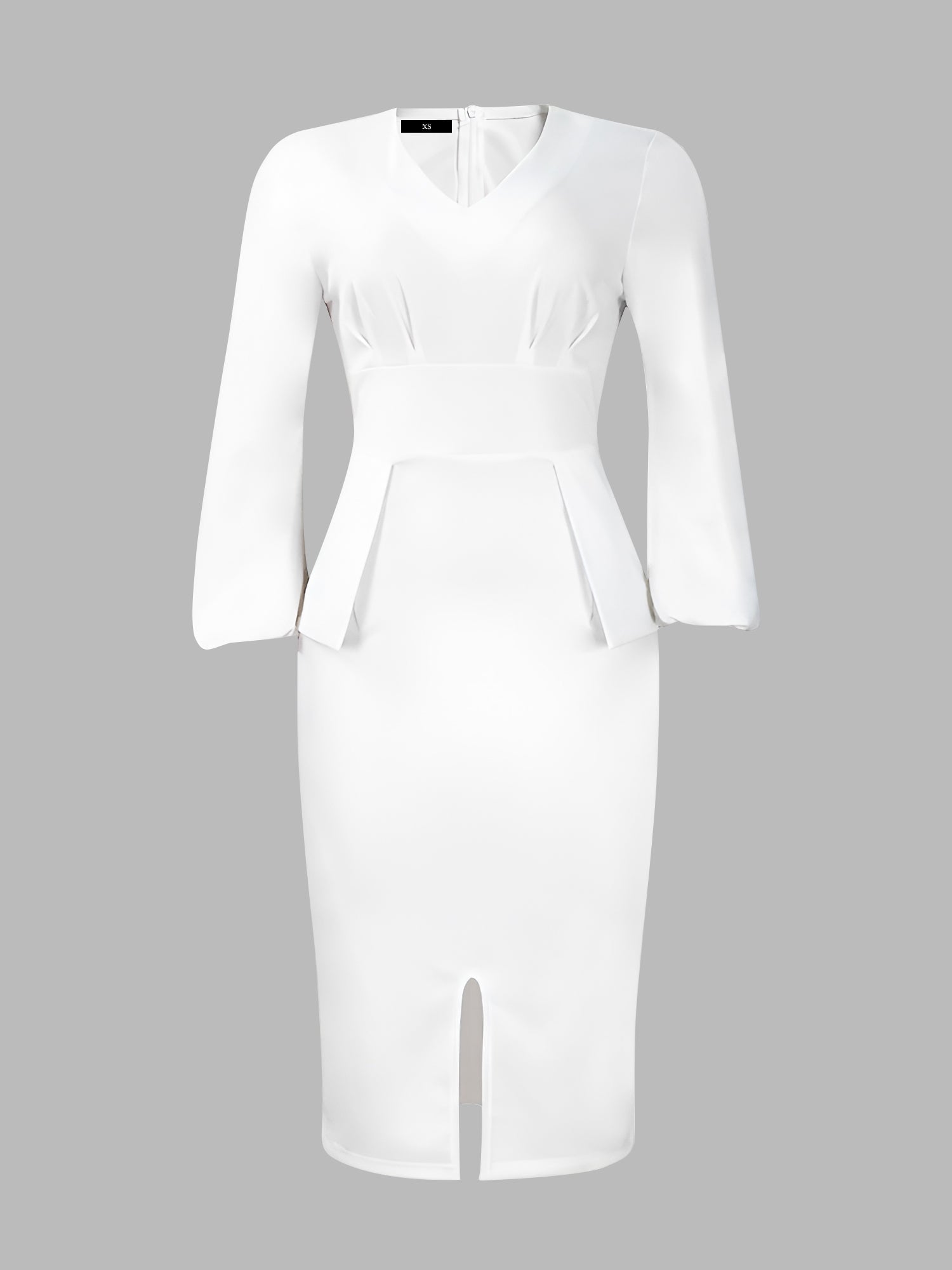 V Neck Puff Sleeve Slit Office Midi Sheath Dress