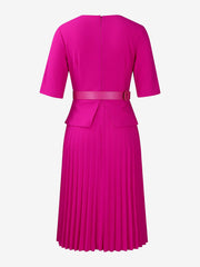 V Neck Short Sleeves Belted Pleated Midi Work Dress