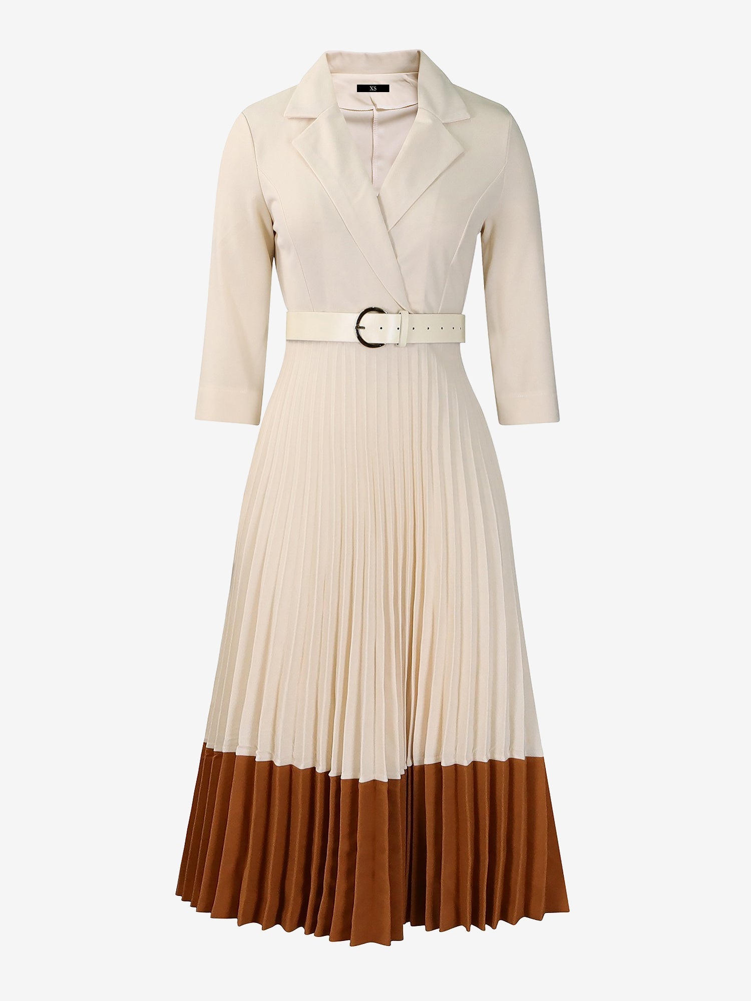 Notched Lapel Colorblock Belted Pleated Midi Dress