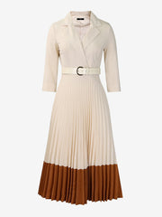 Notched Lapel Colorblock Belted Pleated Midi Dress