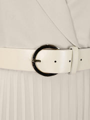 Notched Lapel Colorblock Belted Pleated Midi Dress