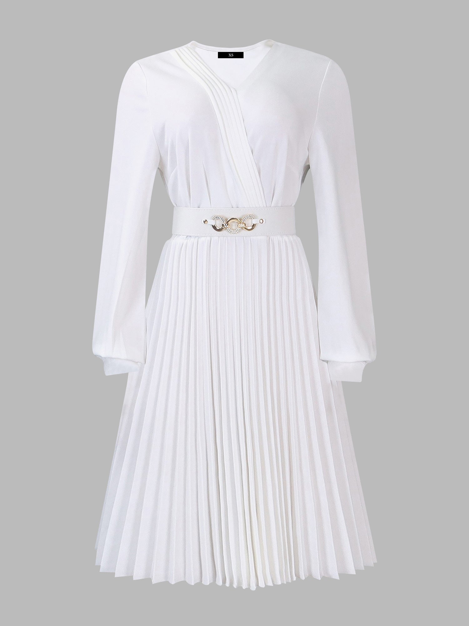 V Neck Long Sleeves Belted Pleated Midi Dress