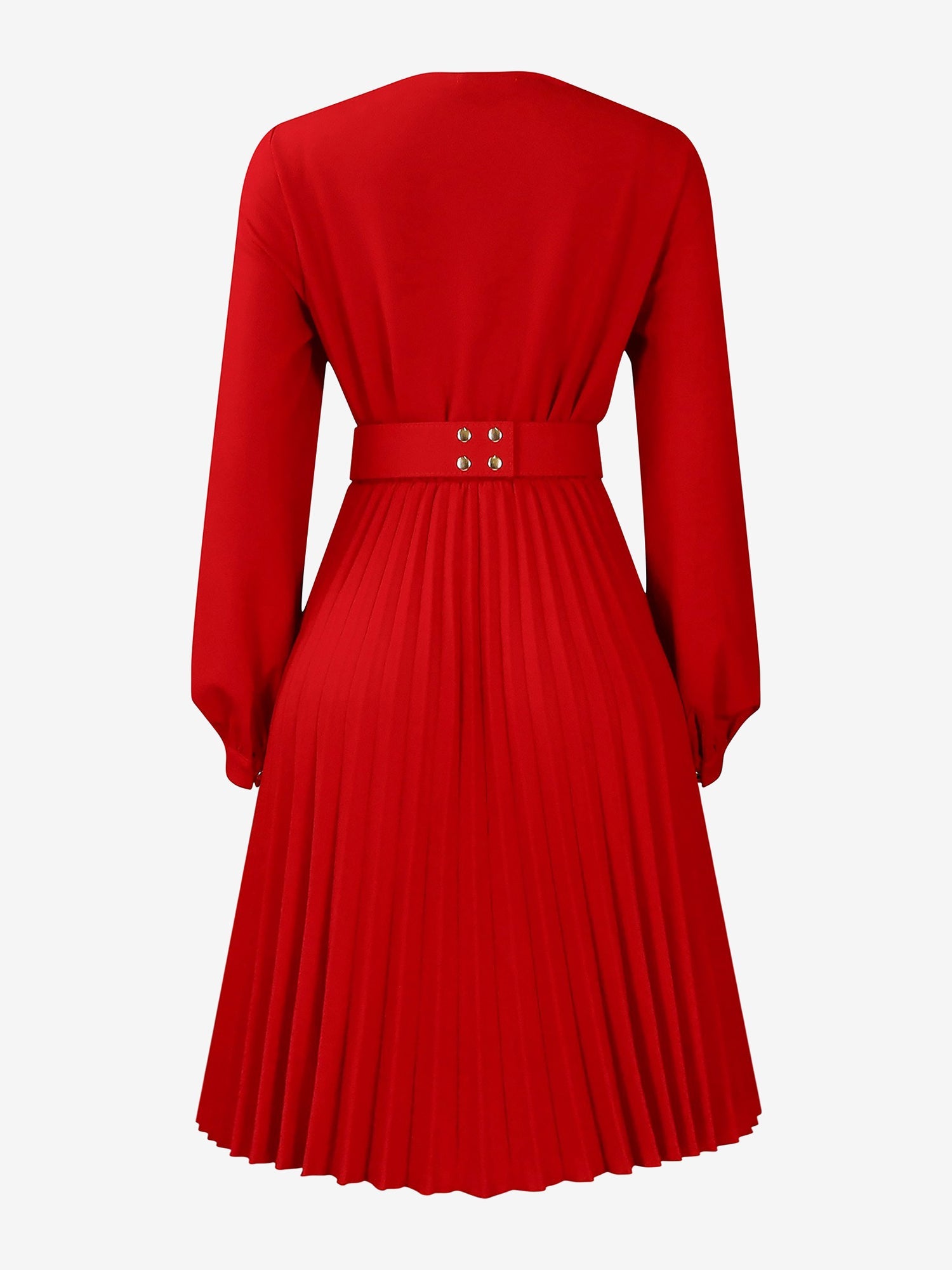 V Neck Long Sleeves Belted Pleated Midi Dress