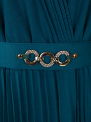 V Neck Long Sleeves Belted Pleated Midi Dress