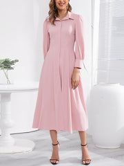 Solid Color Puff Long Sleeves Midi A-Line Shirt Dress