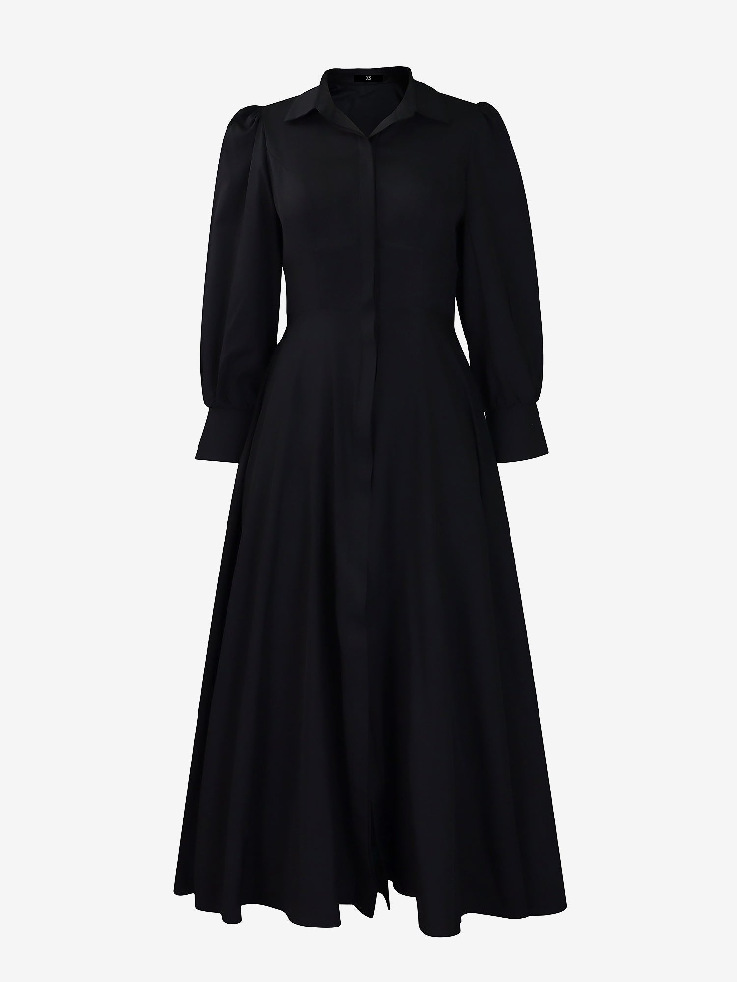 Solid Color Puff Long Sleeves Midi A-Line Shirt Dress