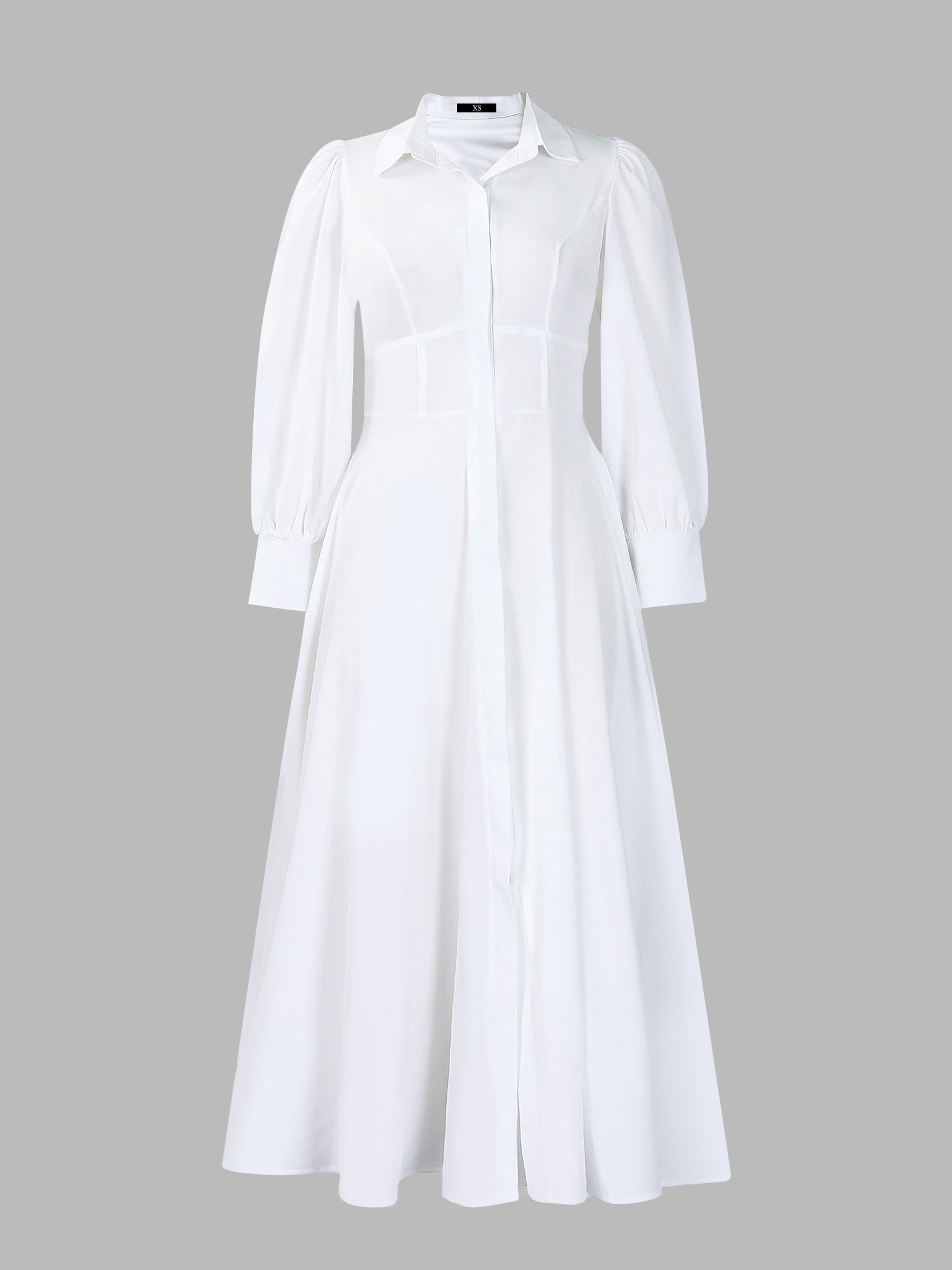 Solid Color Puff Long Sleeves Midi A-Line Shirt Dress