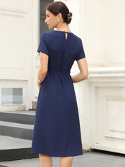 Work Casual Short Sleeve Ruched Crew Neck A-Line Belted Dress