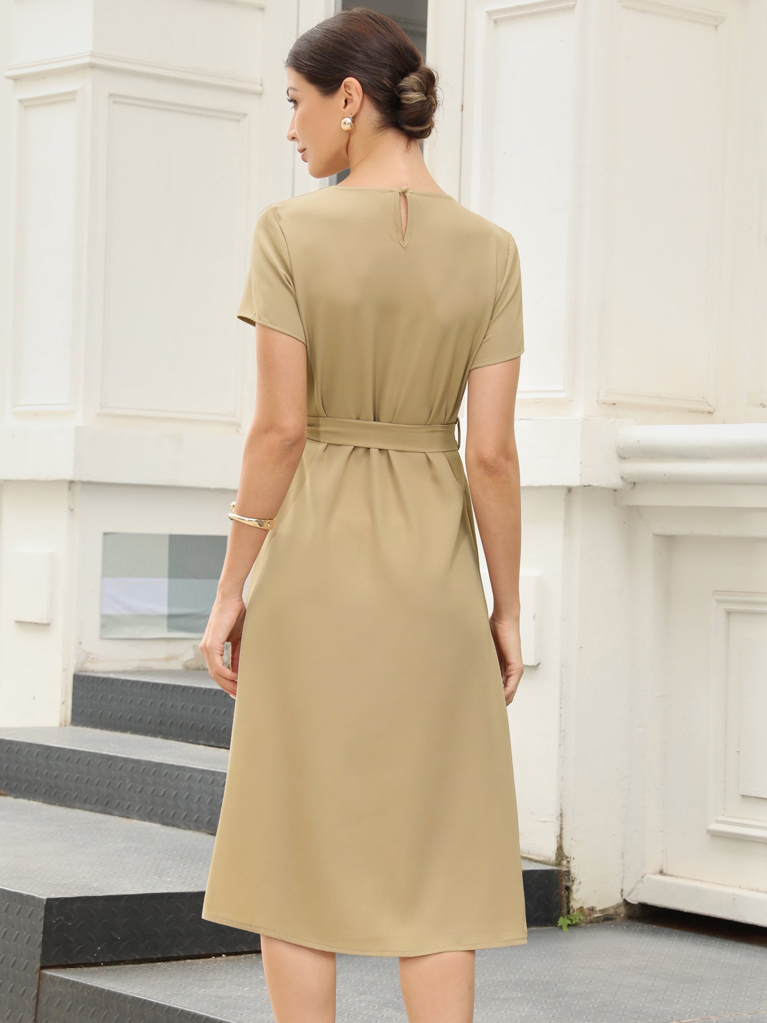Work Casual Short Sleeve Ruched Crew Neck A-Line Belted Dress