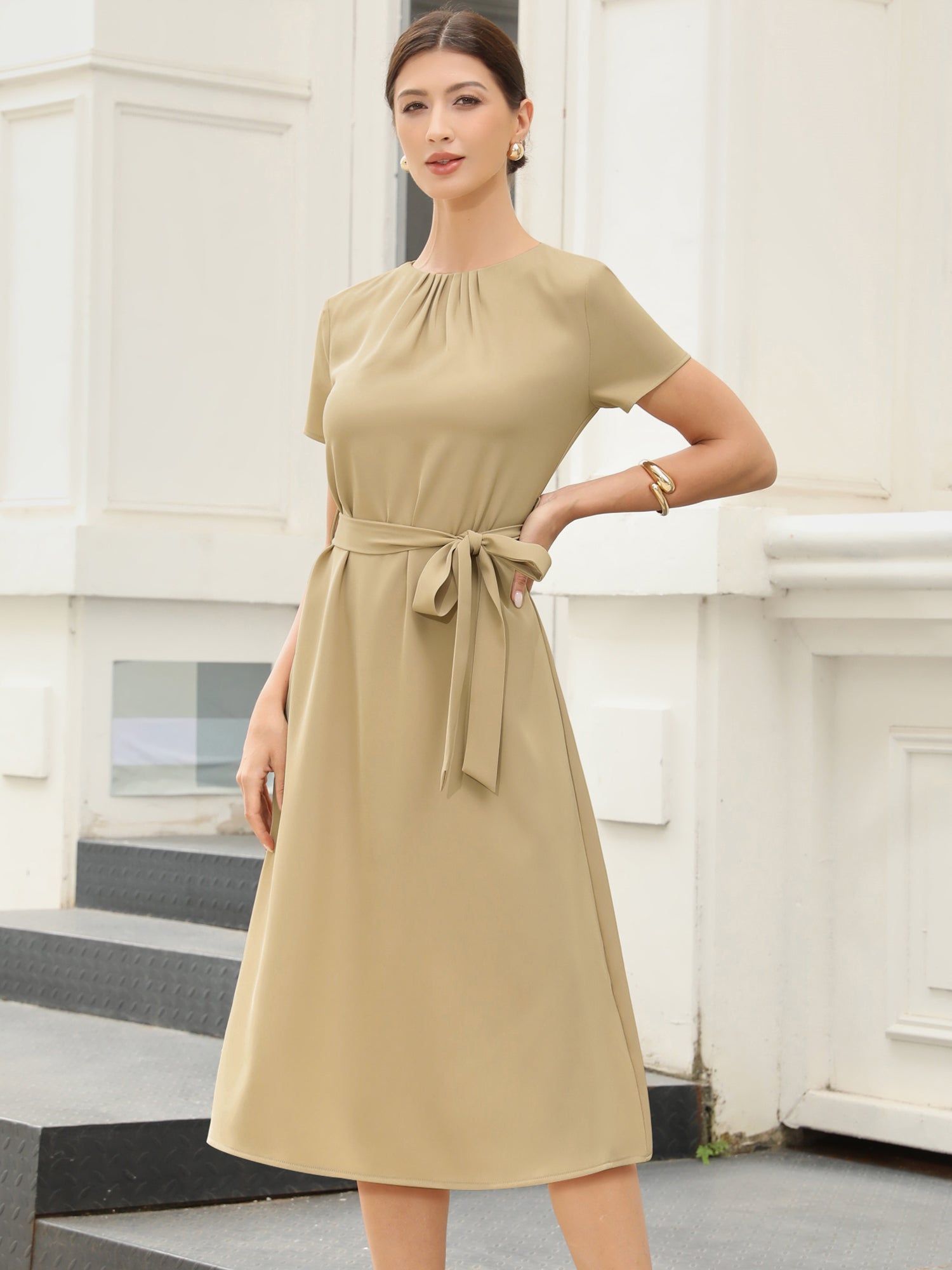Work Casual Short Sleeve Ruched Crew Neck A-Line Belted Dress