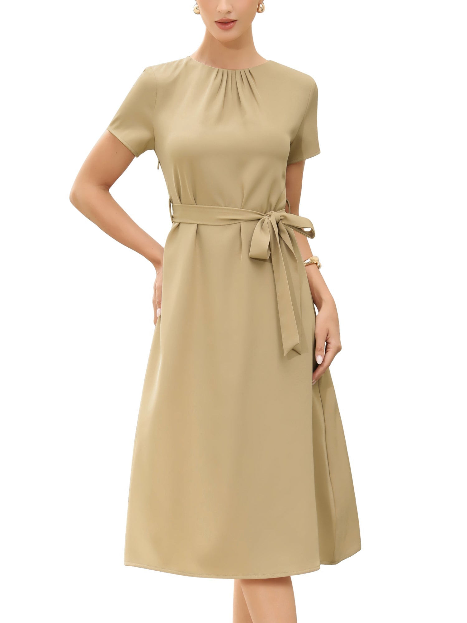Work Casual Short Sleeve Ruched Crew Neck A-Line Belted Dress