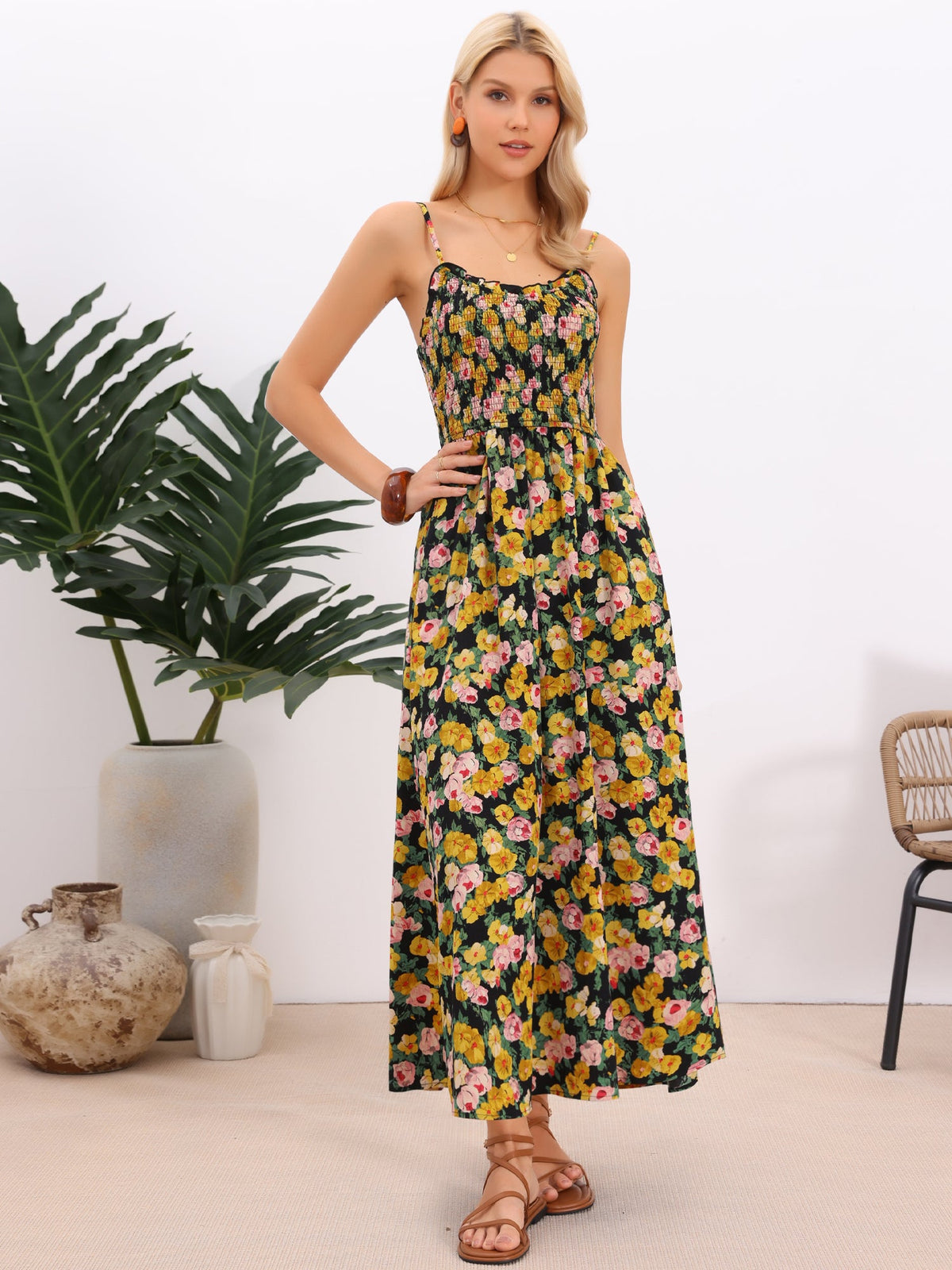 Smocked Floral Spaghetti Strap Pocketed Long Sun Dress