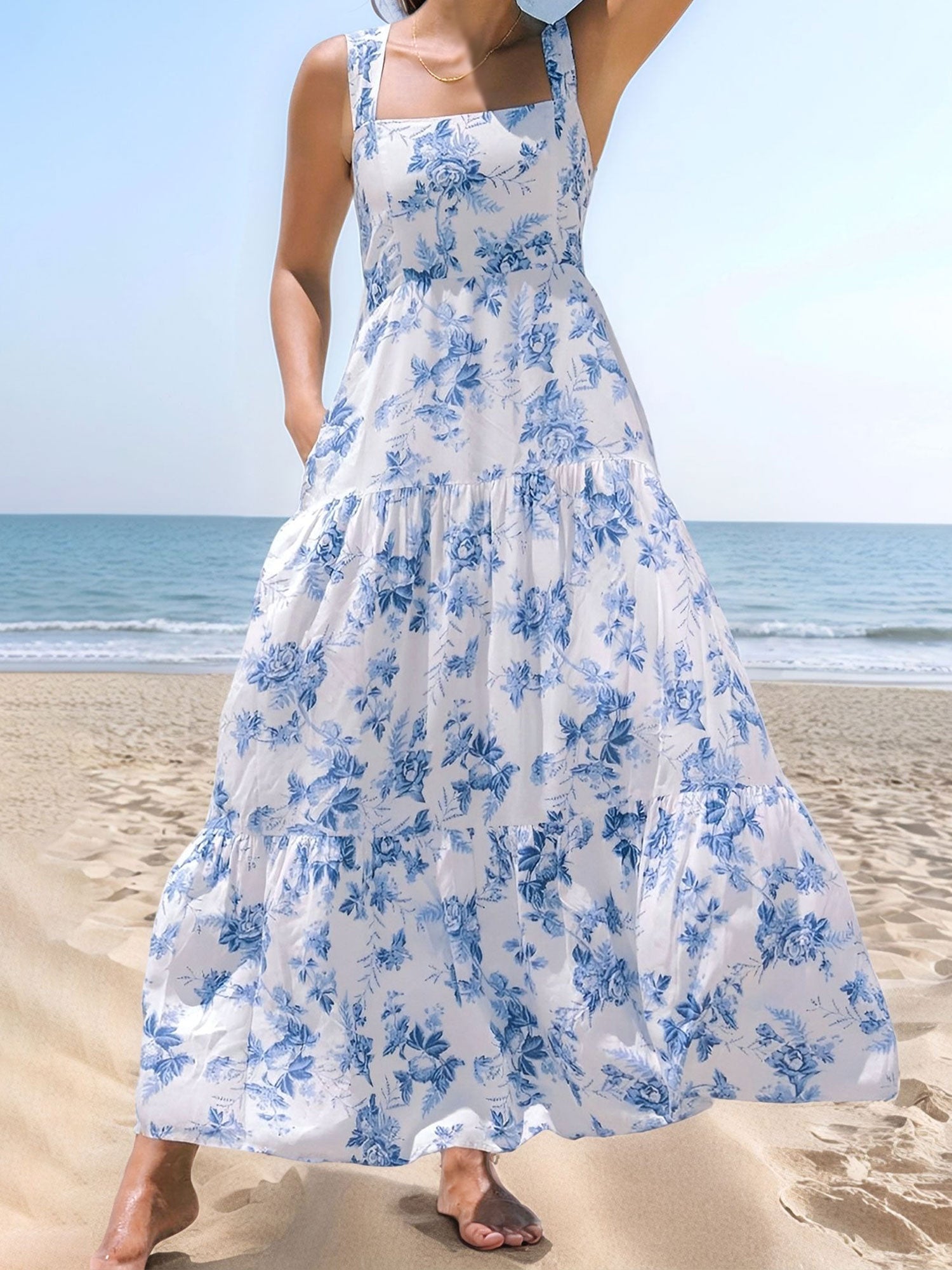 Floral Sleeveless Backless Smocked Tiered Pocket Dress
