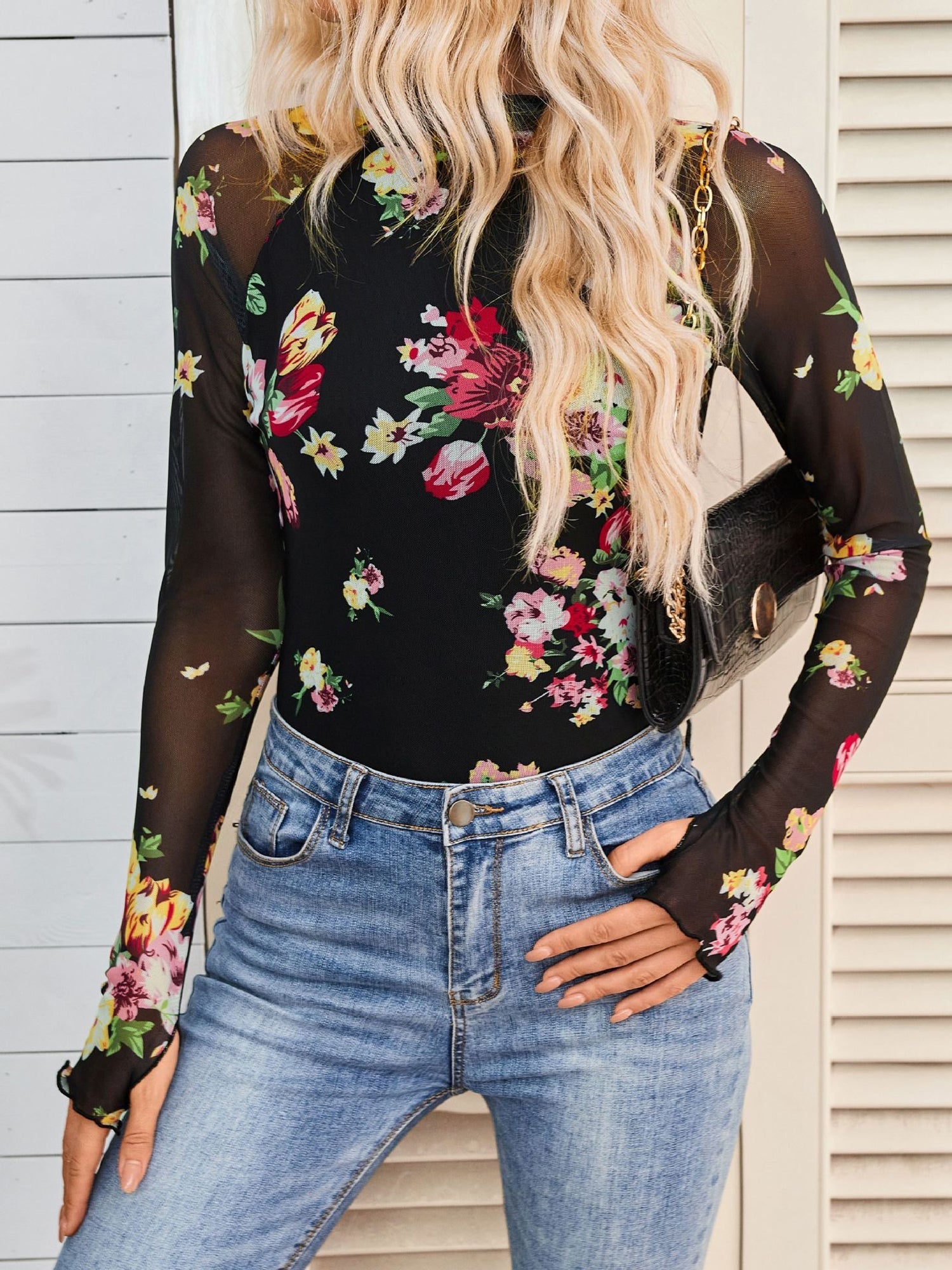 Mock Neck Long Sleeve Floral Mesh Casual Blouse