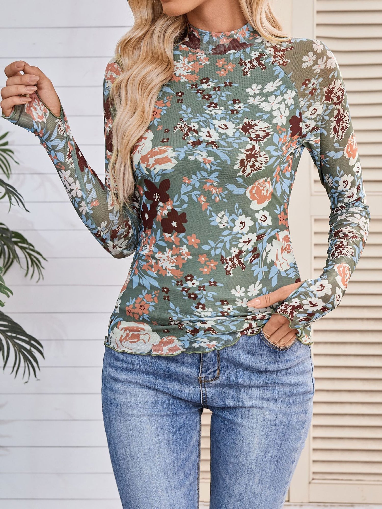 Mock Neck Long Sleeve Floral Mesh Casual Blouse