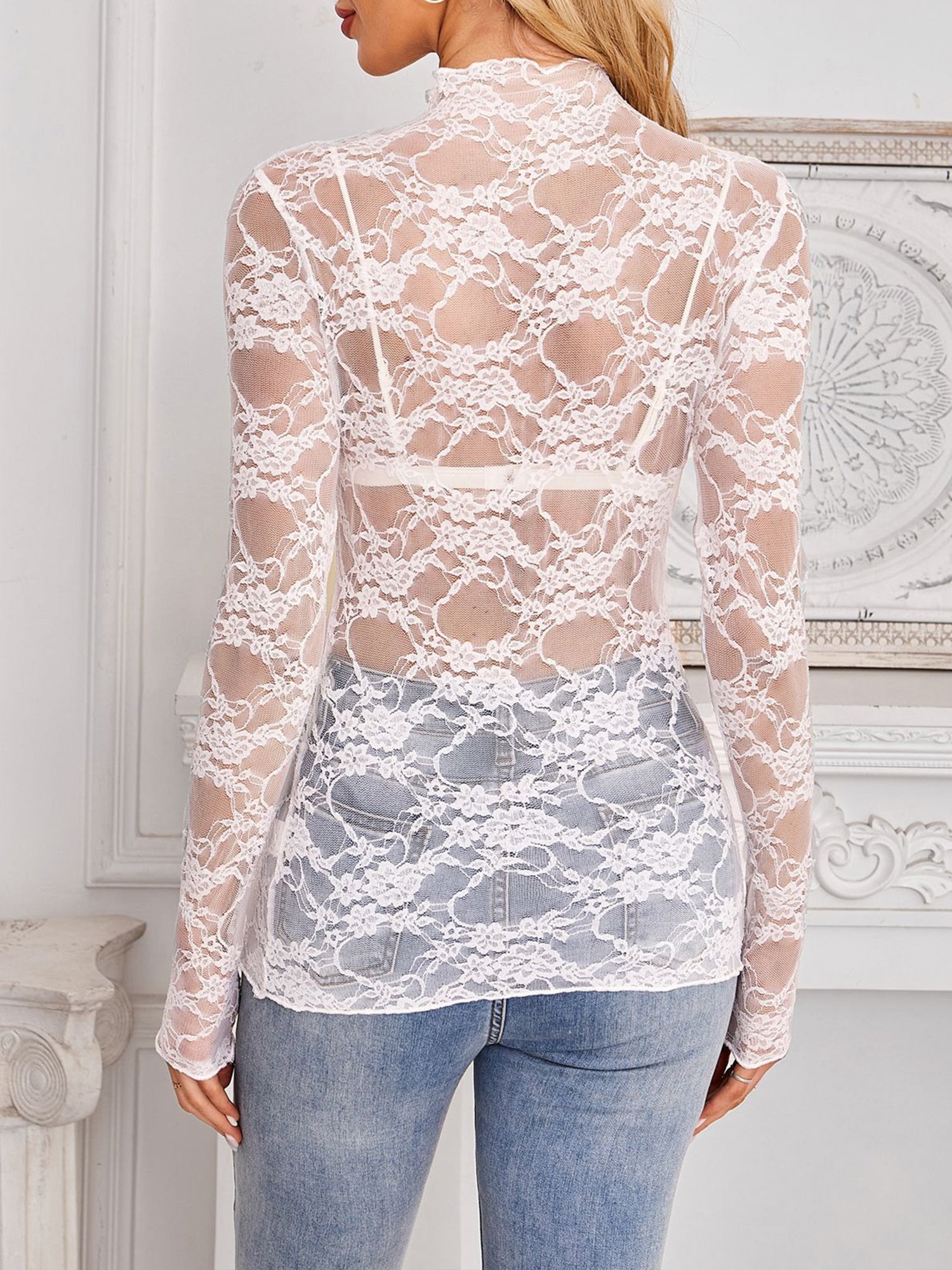 Lace See Through Mock Neck Long Sleeves Blouse
