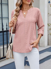 Textured Eyelet Notch Neck Rolled Sleeves Blouse