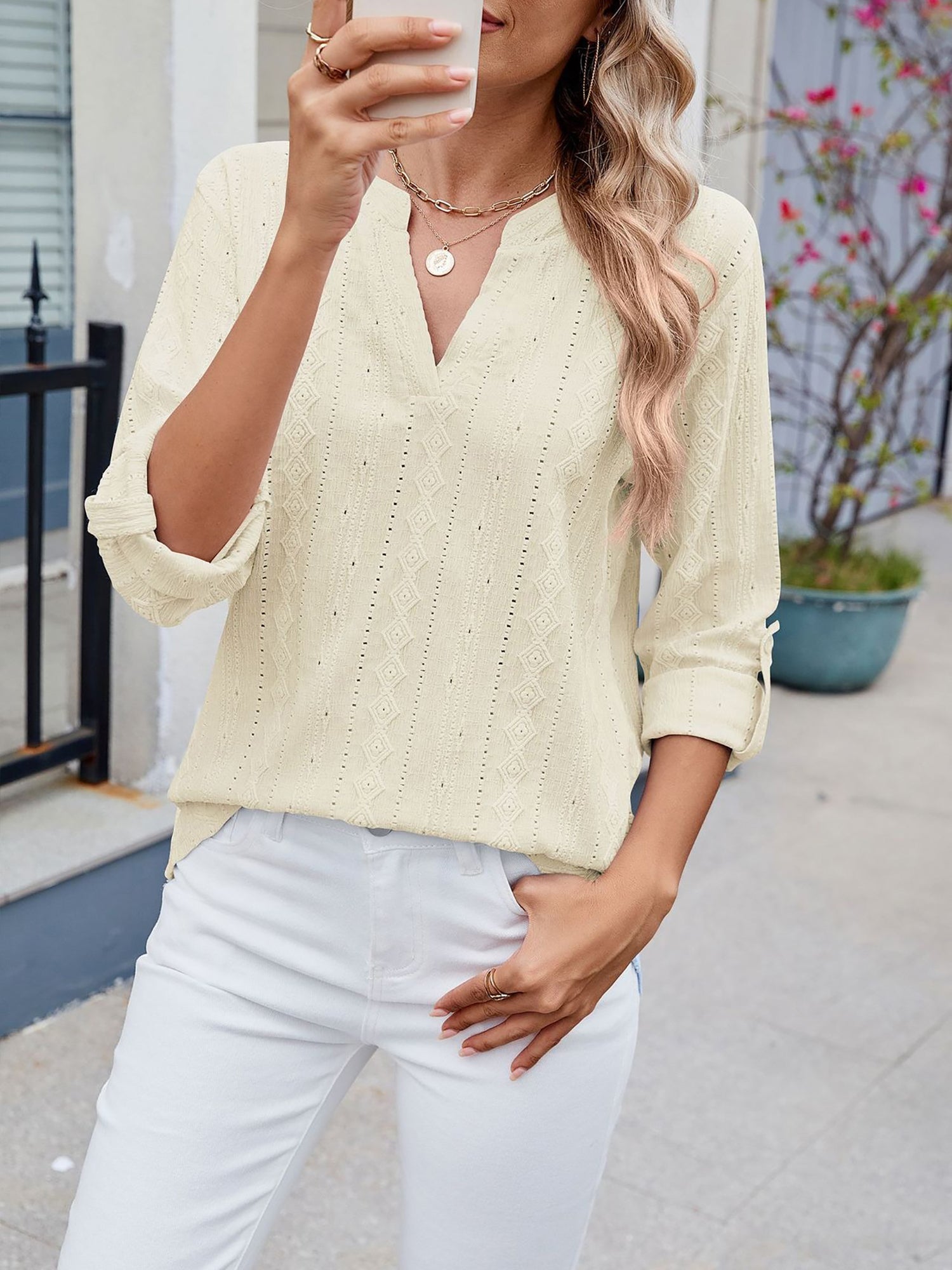 Textured Eyelet Notch Neck Rolled Sleeves Blouse