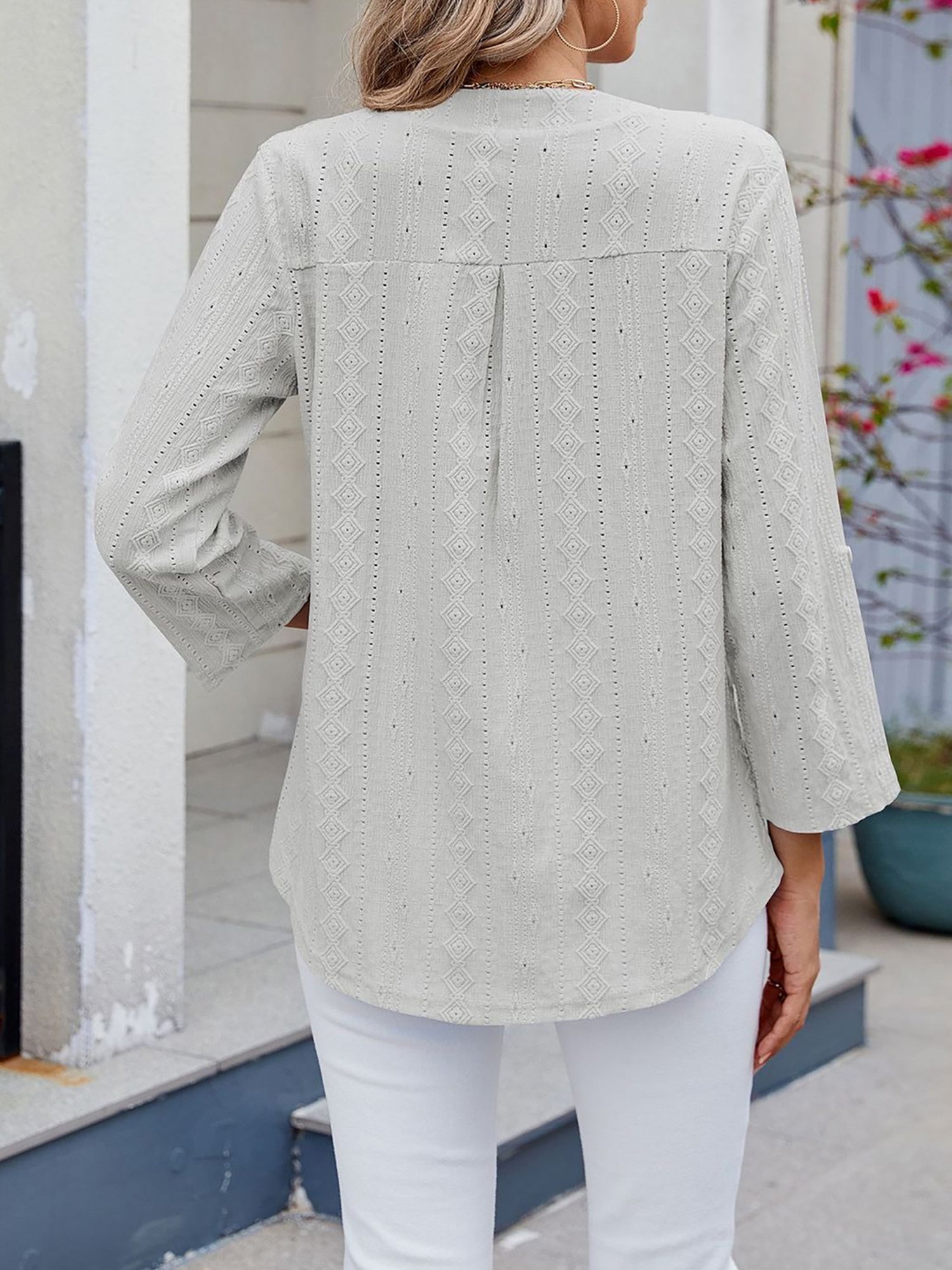 Textured Eyelet Notch Neck Rolled Sleeves Blouse