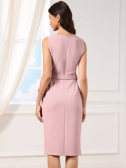 Sleeveless Square Neck Formal Belted Midi Work Dress