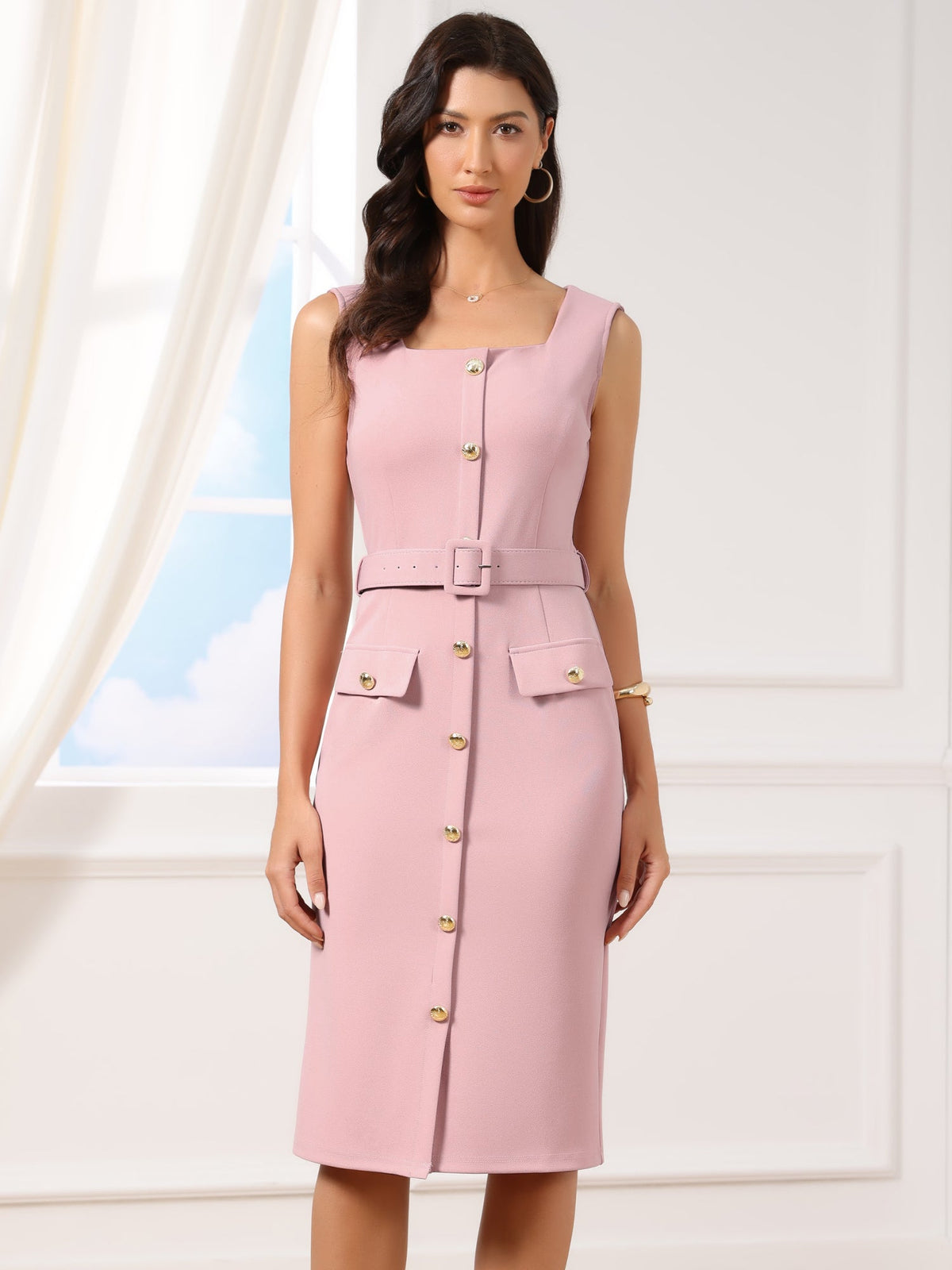 Sleeveless Square Neck Formal Belted Midi Work Dress