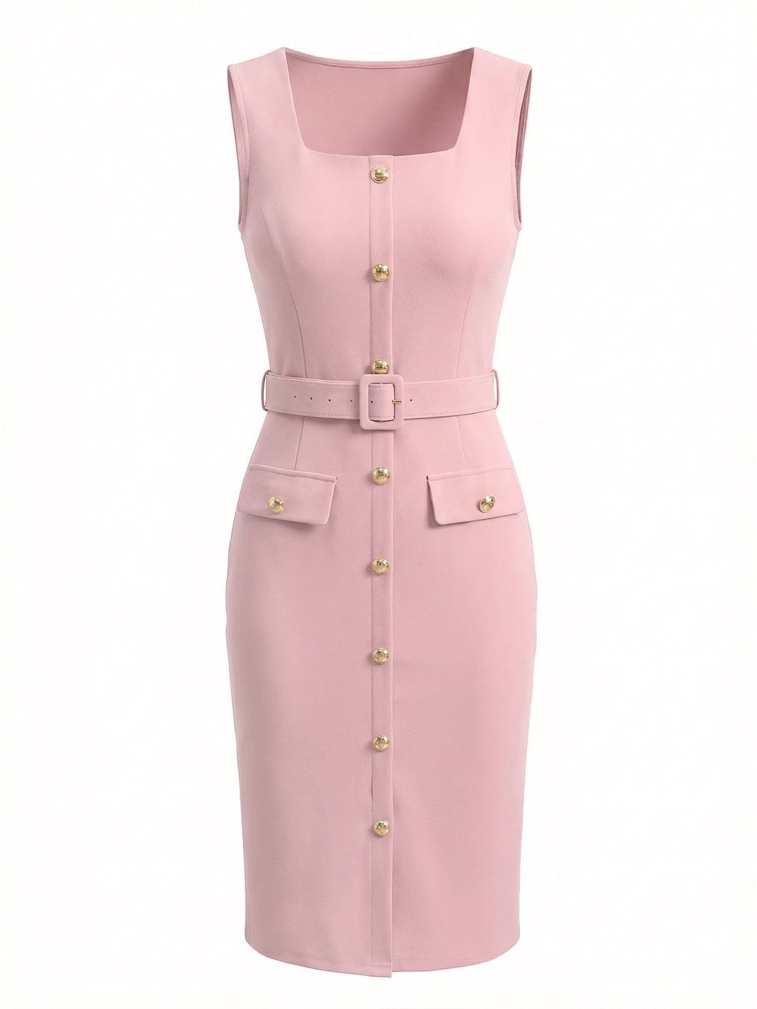 Sleeveless Square Neck Formal Belted Midi Work Dress